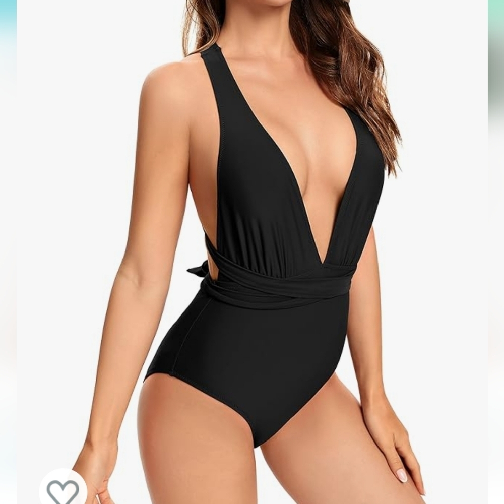 Sexy Plunge Deep V neck black Medium Wrap Tie‎ swimsuit nwot